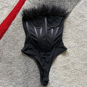 Miss Lola Black Feathered Corset Bodysuit